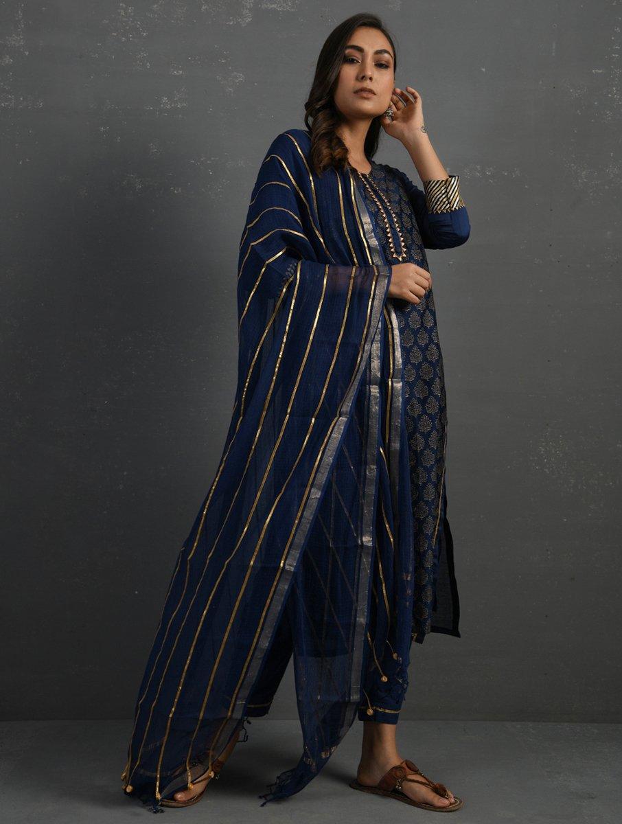 (Set of 3) Indigo Block Printed Handwoven Chanderi Kurta with Mul Slip and Pants Kurta The Neem Tree Sonal Kabra Buy Shop online premium luxury fashion clothing natural fabrics sustainable organic hand made handcrafted artisans craftsmen