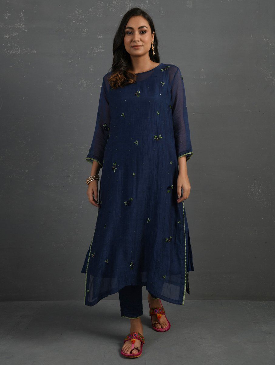 (Set of 4) Indigo Hand embroidered Kurta Set Kurta Set Sonal Kabra Sonal Kabra Buy Shop online premium luxury fashion clothing natural fabrics sustainable organic hand made handcrafted artisans craftsmen