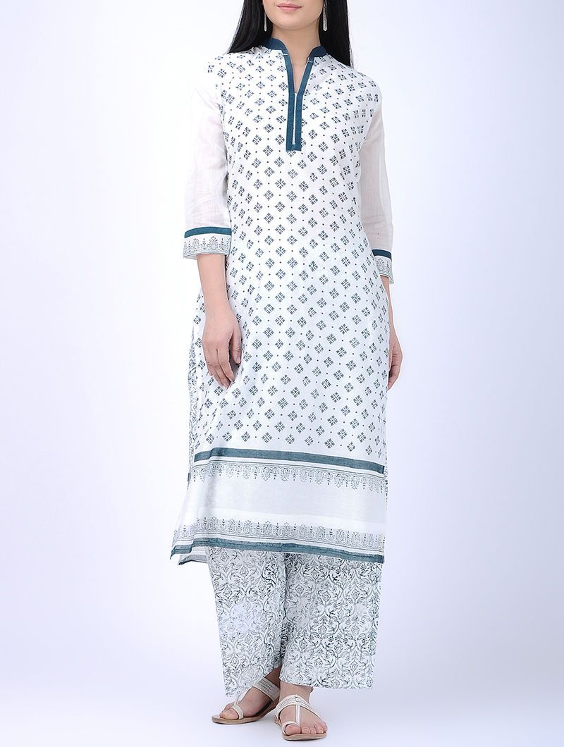 White & blue kurta Kurta Sonal Kabra Sonal Kabra Buy Shop online premium luxury fashion clothing natural fabrics sustainable organic hand made handcrafted artisans craftsmen