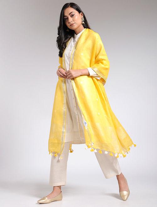 Golden Yellow linen dupatta with golden zari border, easy drape, stylish, rich look, summer spring, festive collection,