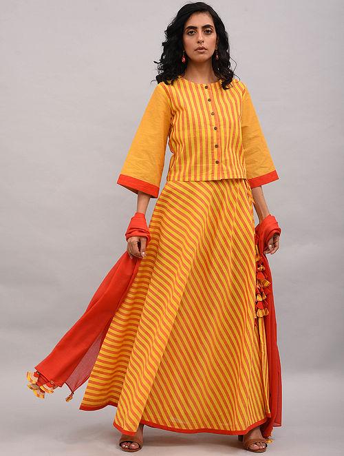 Yellow Orange Striped Cotton Top Top The Neem Tree Sonal Kabra Buy Shop online premium luxury fashion clothing natural fabrics sustainable organic hand made handcrafted artisans craftsmen