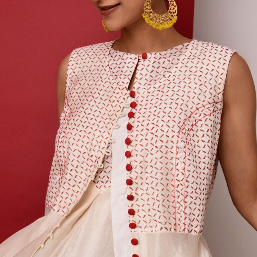 Ivory white red block printed kurta dress top shirts made in india