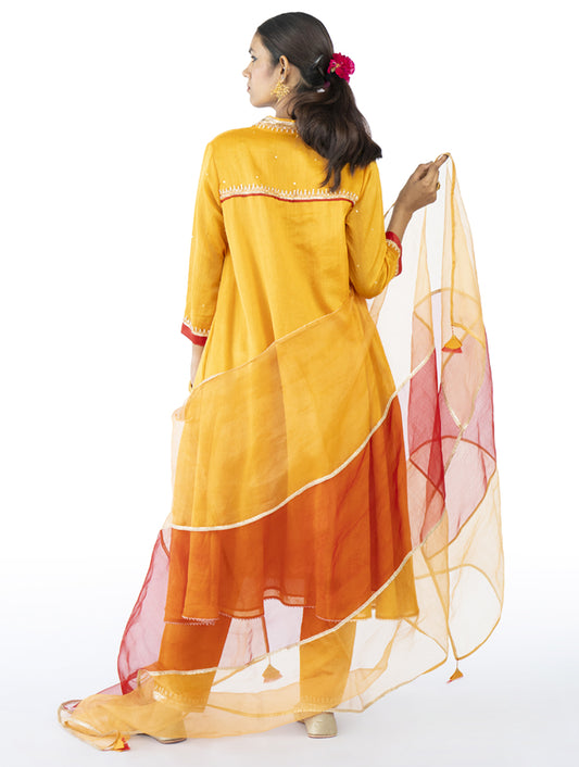 Red-Mustard Organza Dupatta