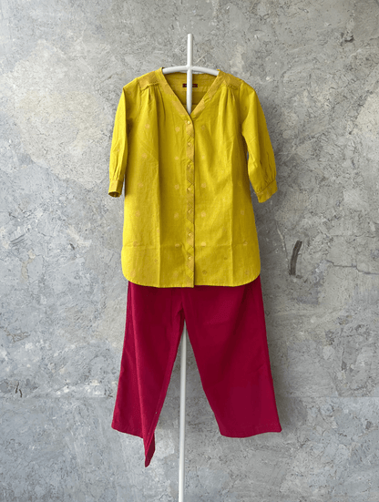 Yellow cotton summer shirt by Indian designer Sonal Kabra – breathable mid-weight cotton from the Sunlit Stories collection.