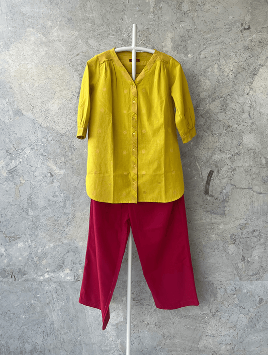 Yellow cotton summer shirt by Indian designer Sonal Kabra – breathable mid-weight cotton from the Sunlit Stories collection.