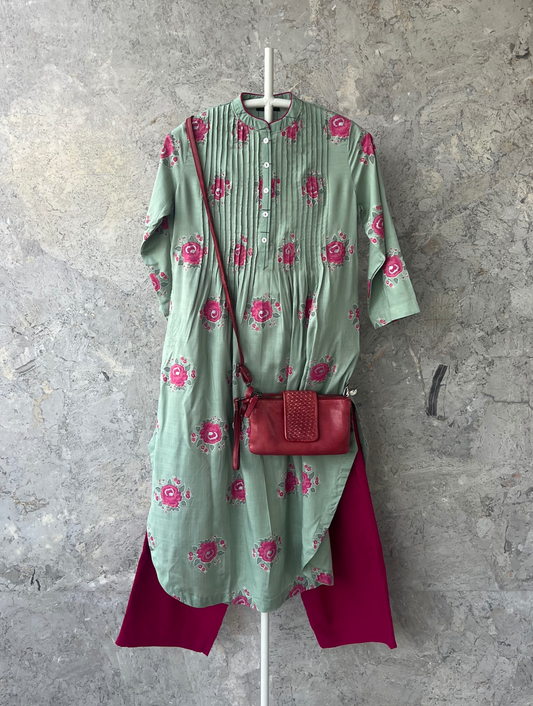 Pista green floral rayon kurta by Sonal Kabra – Indian designer summer wear for women