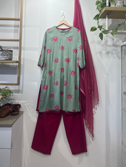 Pista floral rayon kurta by Sonal Kabra, Indian designer summer wear, pink piping and border detailing, breathable fabric – Sunlit Stories collection.
