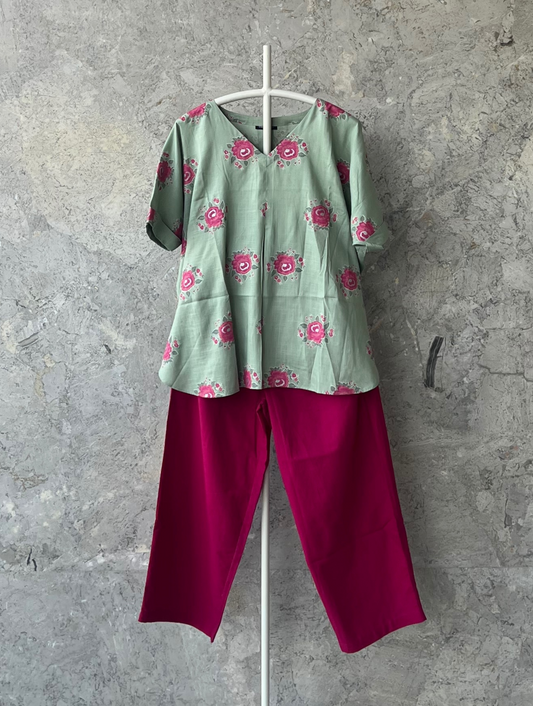 Pista green floral kaftan top by Indian designer Sonal Kabra, rayon fabric, V-neck, relaxed summer fit – Sunlit Stories collection.