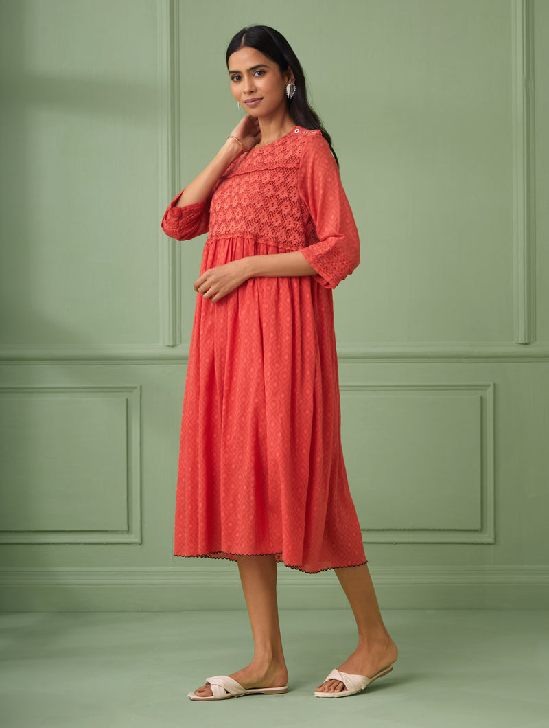 Red Calf-Length Lace Dress