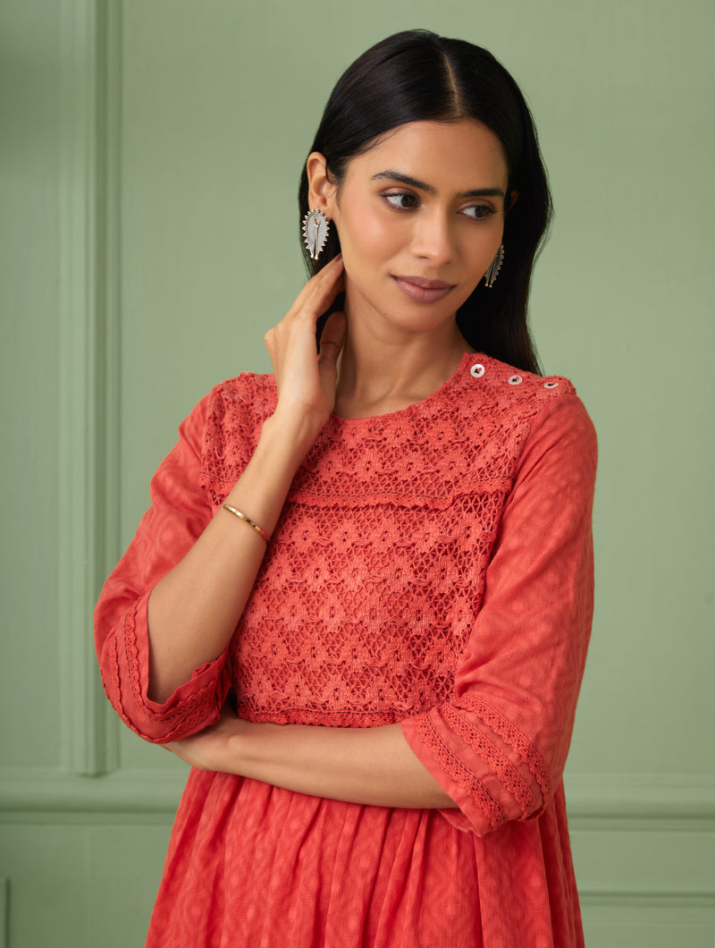Red Calf-Length Lace Dress
