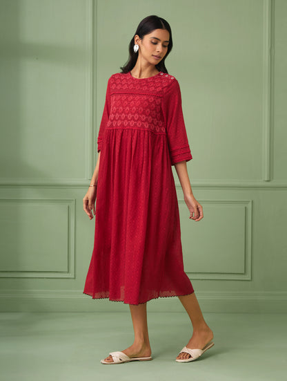 Coral Calf-Length Lace Dress
