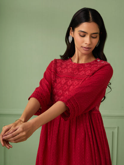 Coral Calf-Length Lace Dress