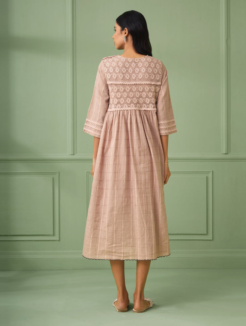 Coral Calf-Length Lace Dress