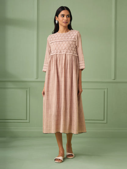 Coral Calf-Length Lace Dress