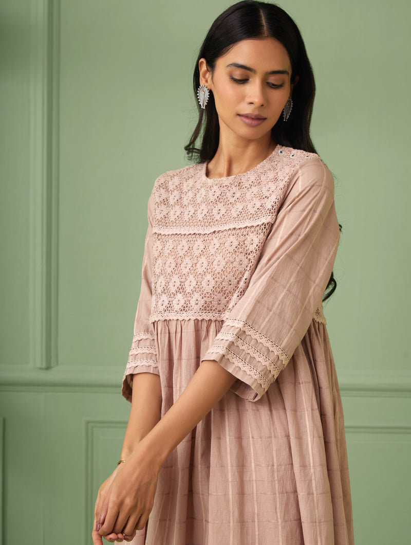 Coral Calf-Length Lace Dress