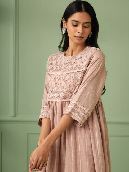 Coral Calf-Length Lace Dress