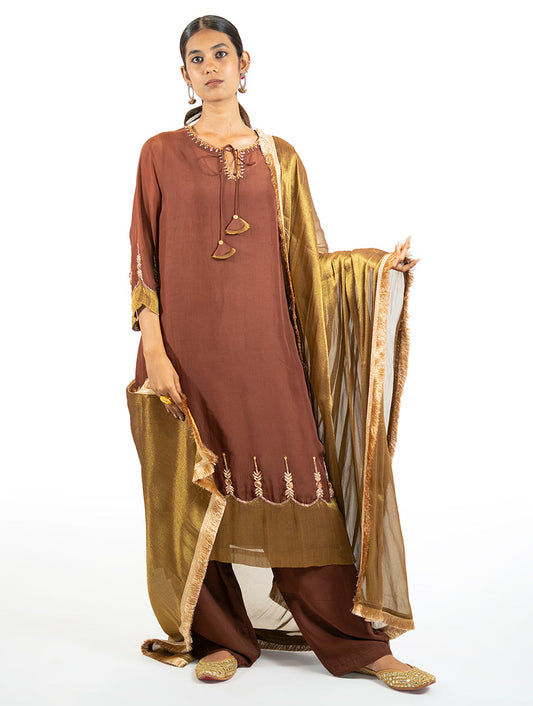 Brown organza kurta set with kasab, zardosi embroidery, tissue appliqué hems, and a matching dupatta by Indian designer Sonal Kabra.