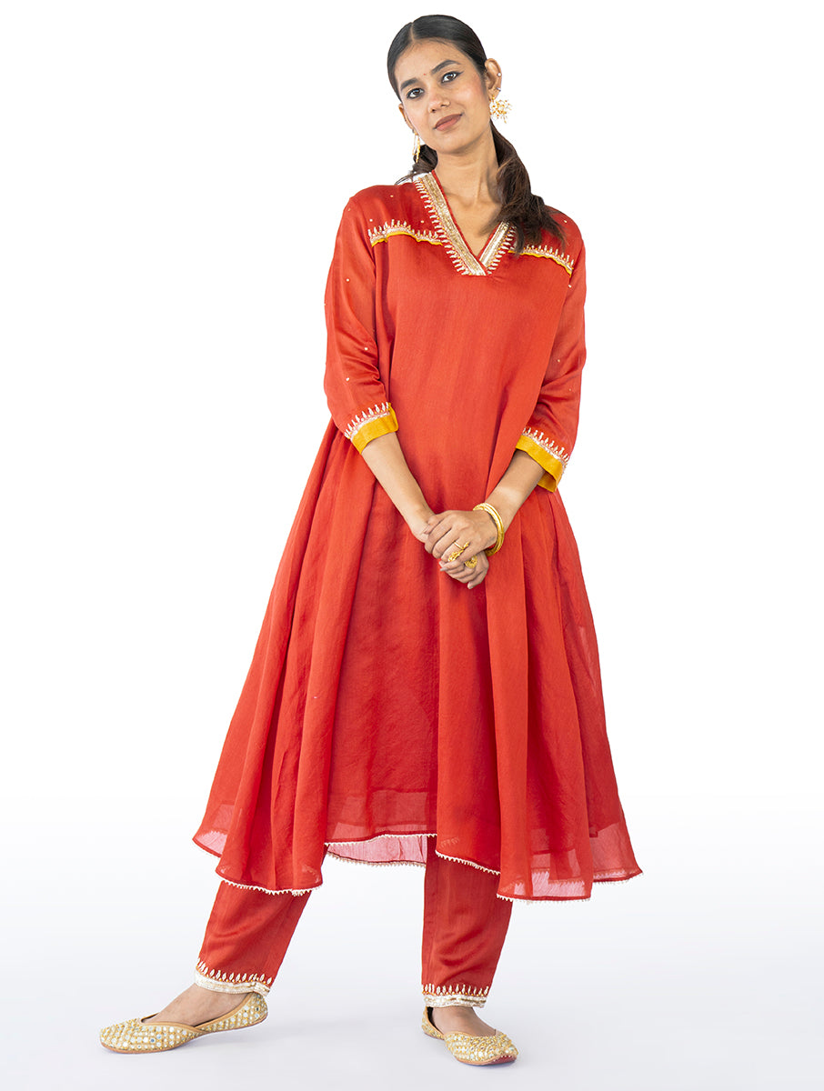 red Chanderi Kurta Set