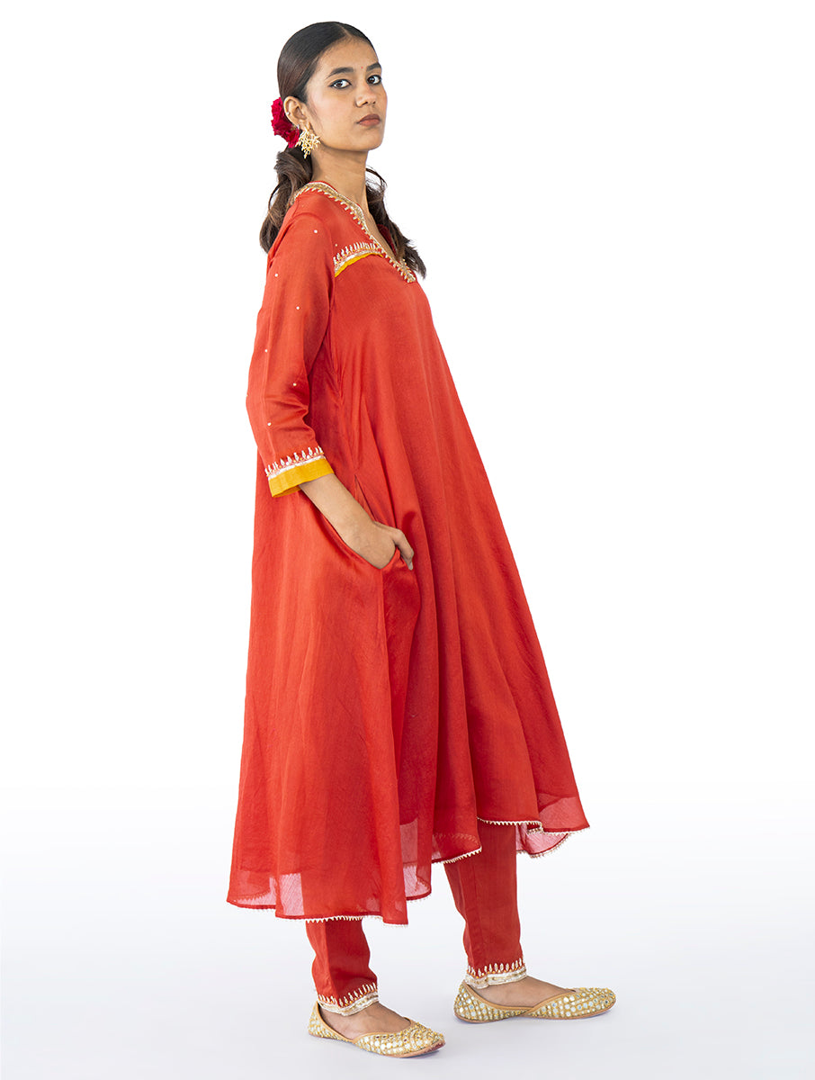 red Chanderi Kurta Set