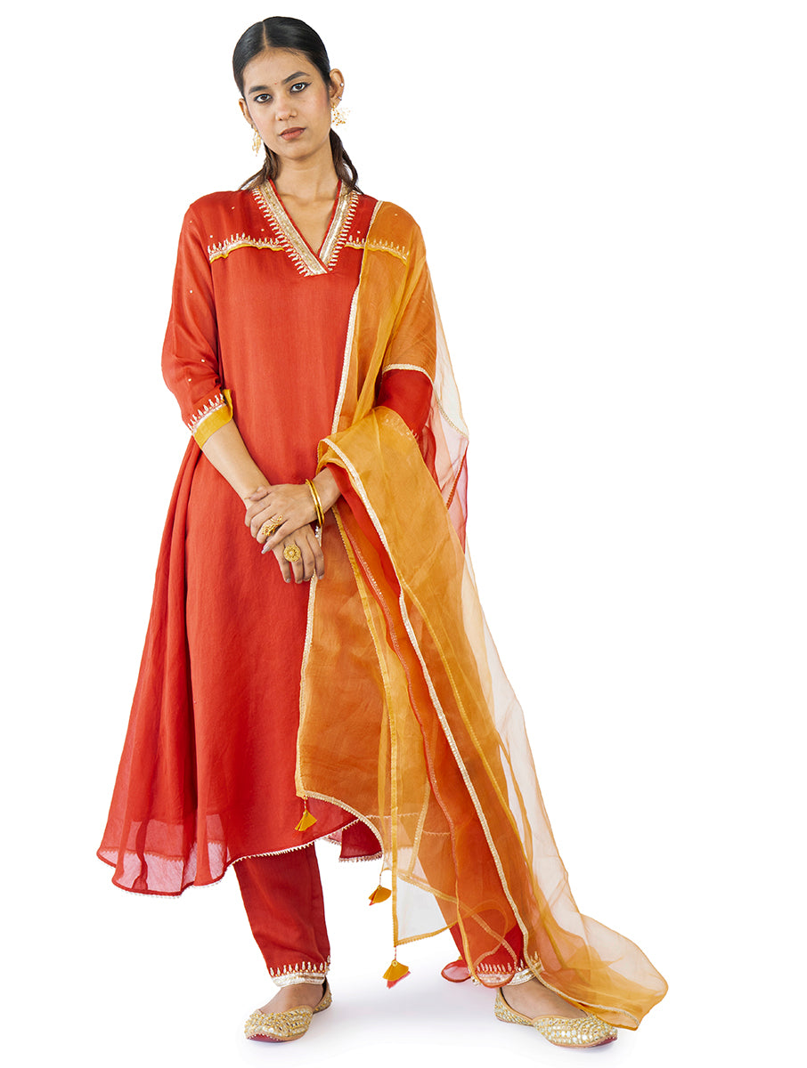 red Chanderi Kurta Set