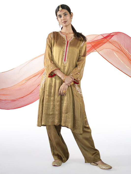 Brown tissue A-line kurta set with intricate zardosi, tikki, and tari embroidery, soft mul lining, side pockets, and matching palazzo pants – handcrafted Indian designer wear by Sonal Kabra.
