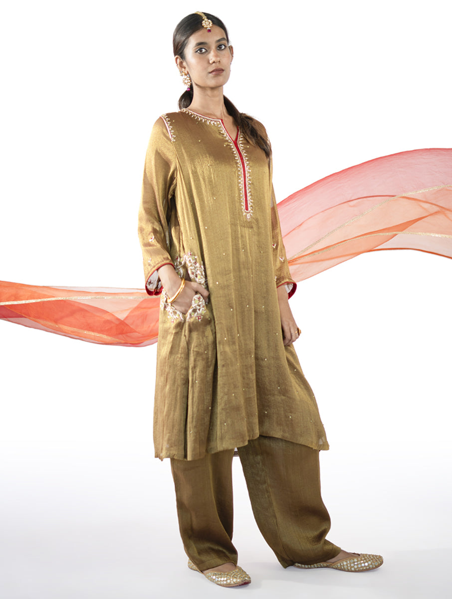 Brown Tissue Kurta Set