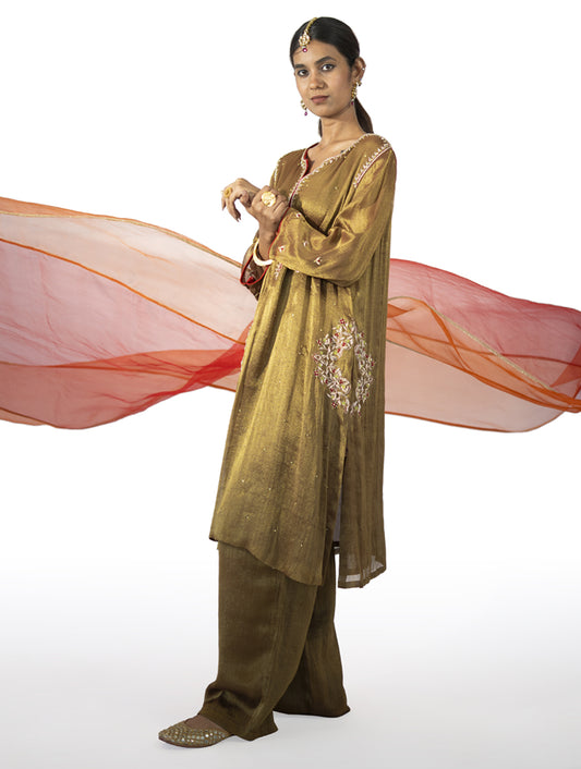 Brown Tissue Kurta Set