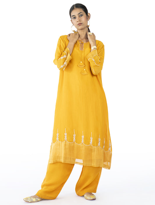 Mustard Organza Kurta Set