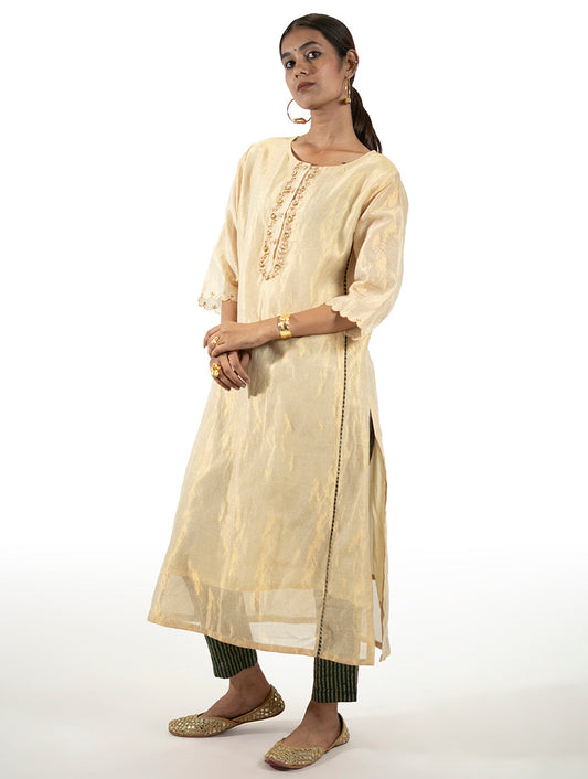 Gold tissue kurta set with zardozi and Chanderi pants by Sonal Kabra