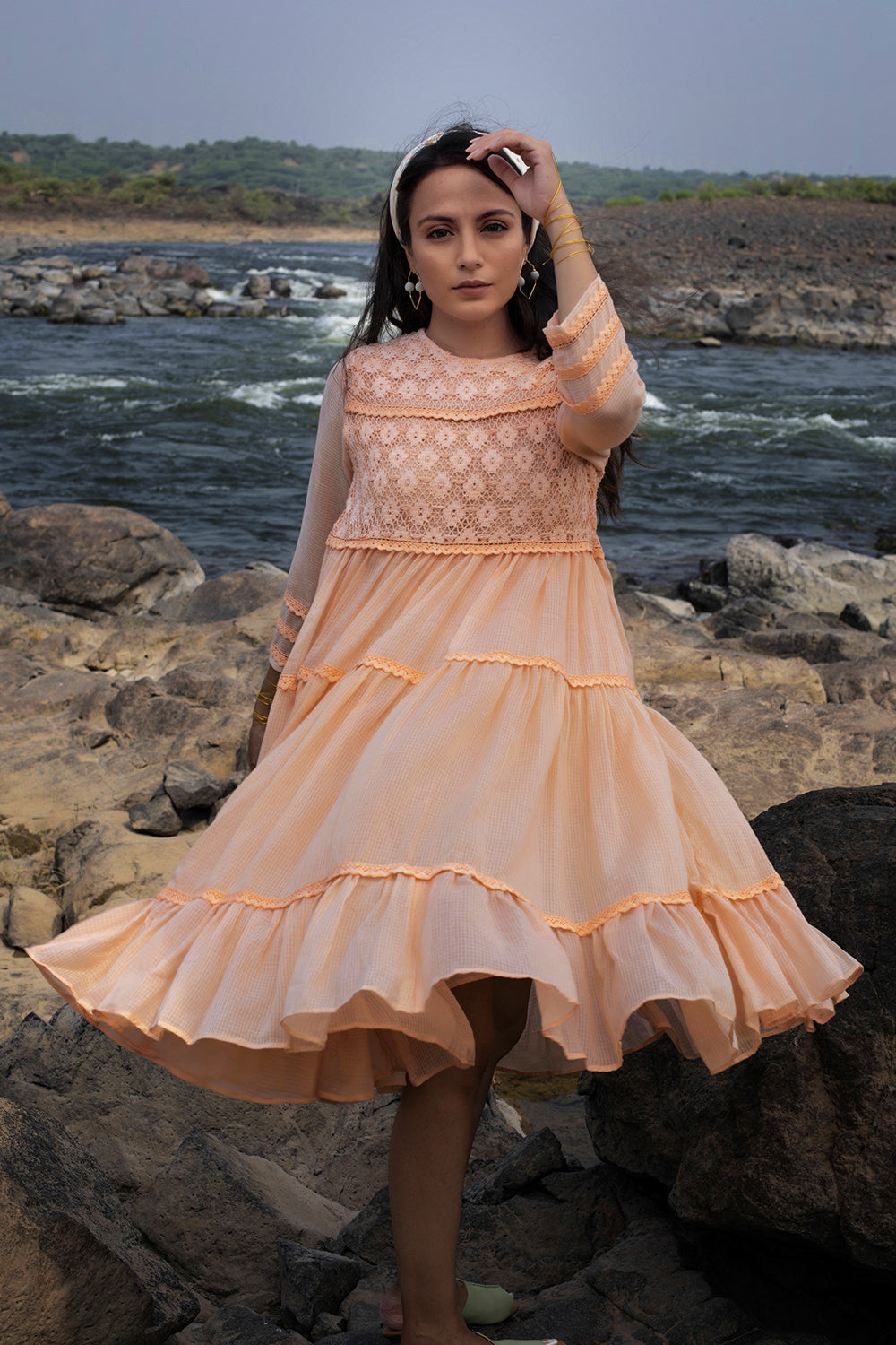 Peach Tiered Lace Dress