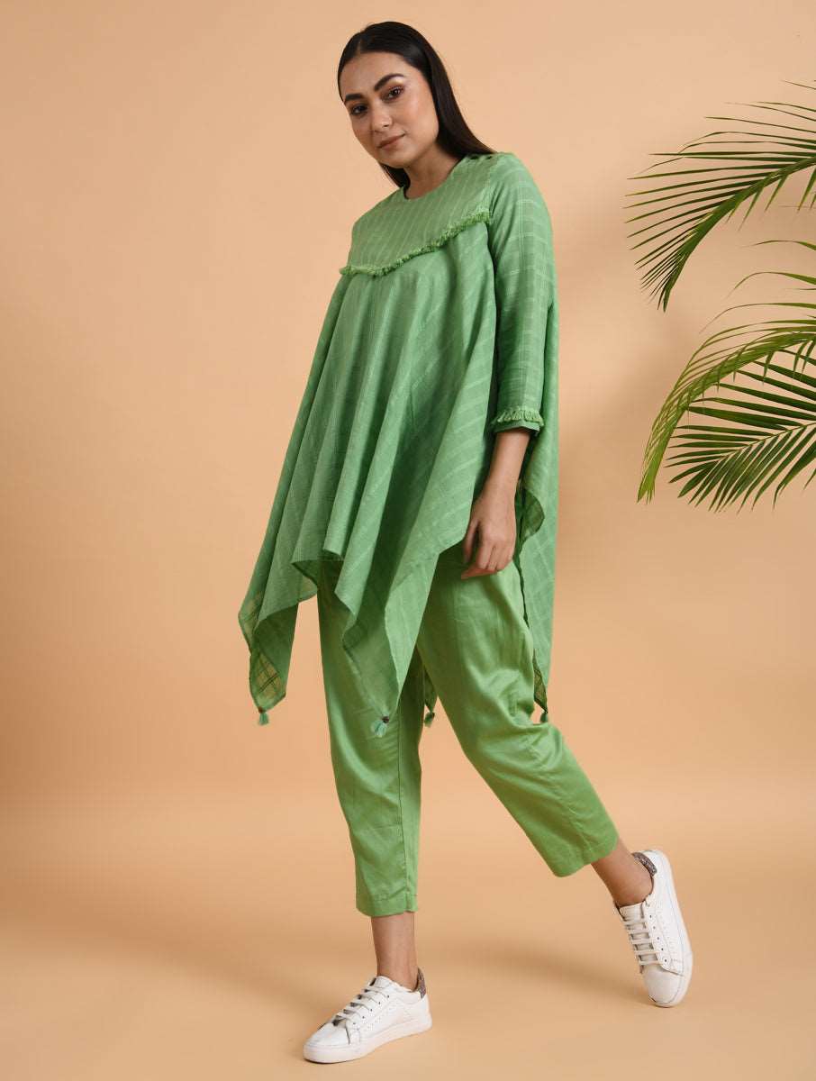 Green Asymmetrical Cotton Top with Tassels