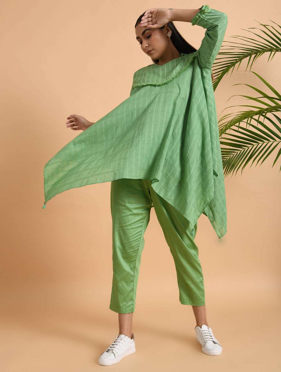 Green Asymmetrical Cotton Top with Tassels