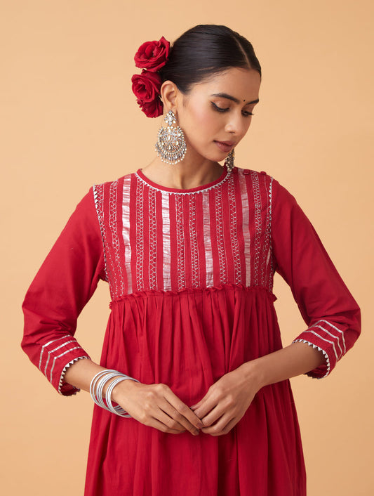 Red Gathered Kurta Set