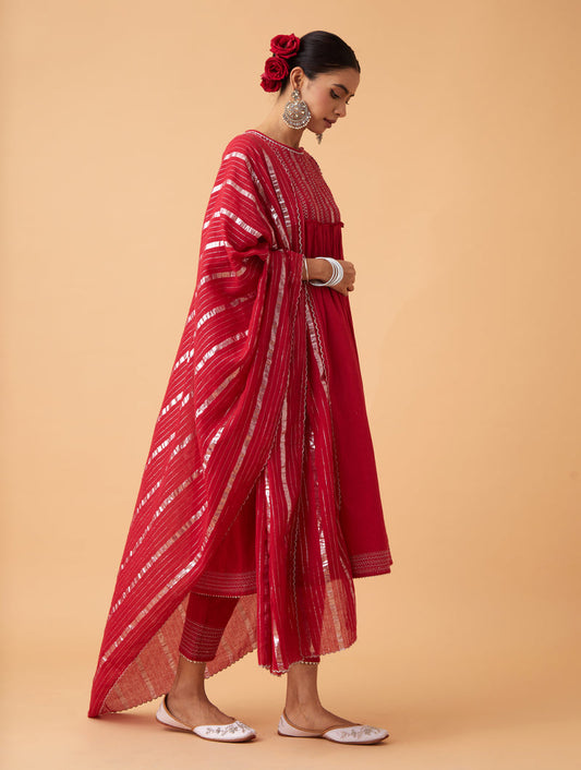 Red Gathered Kurta Set