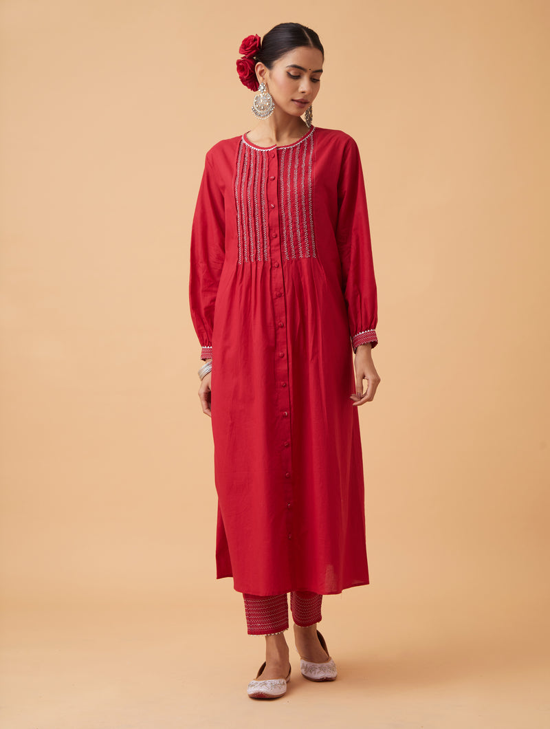 Red Pintuck Kurta Set