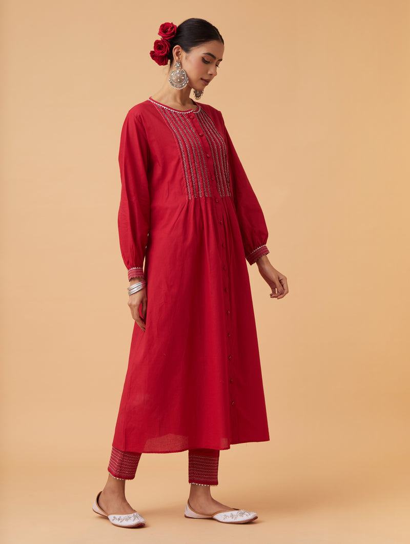 Red Pintuck Kurta Set