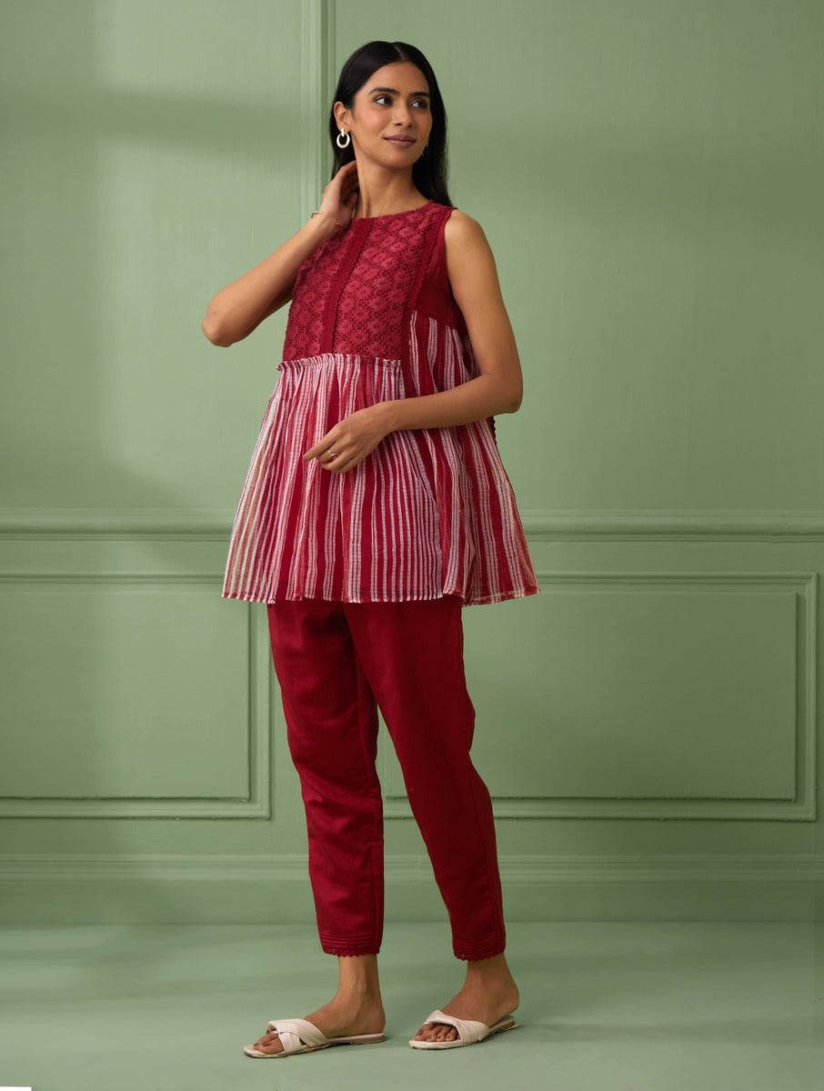 shop red top with beautiful stripe pattern made from hand block printing. Perfect gift for loved ones. comfortable and beautiful red top for summer  