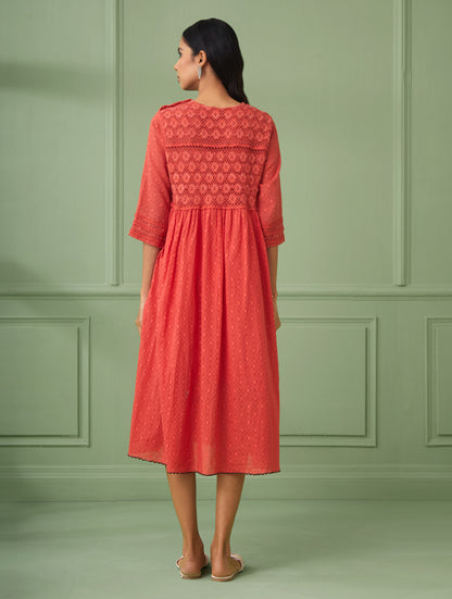 Coral Calf-Length Lace Dress