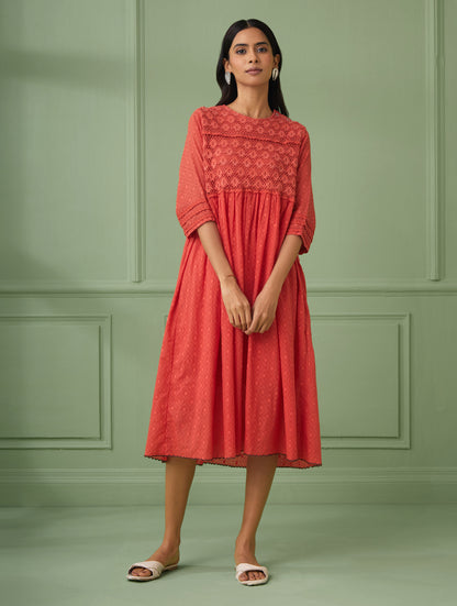 Coral Calf-Length Lace Dress