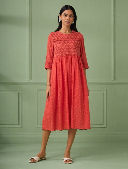 Coral Calf-Length Lace Dress