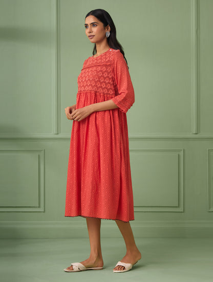 Coral Calf-Length Lace Dress