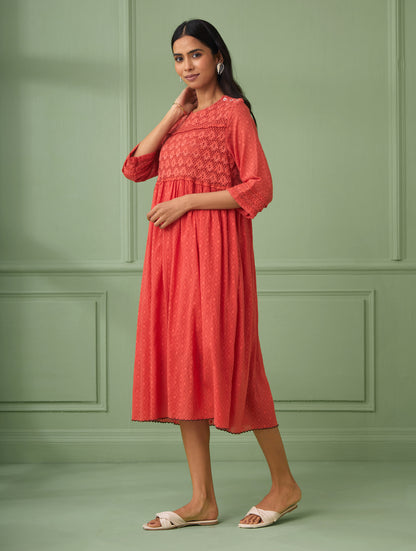 Coral Calf-Length Lace Dress