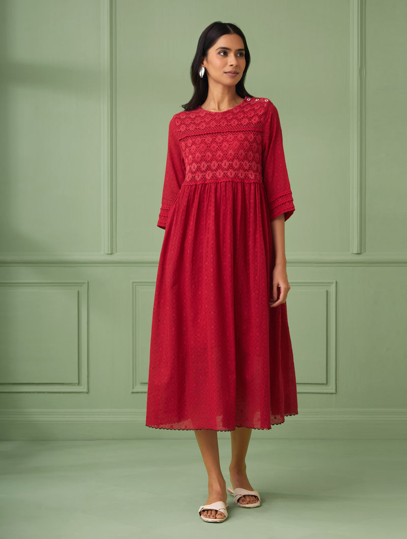 Red Calf-Length Lace Dress