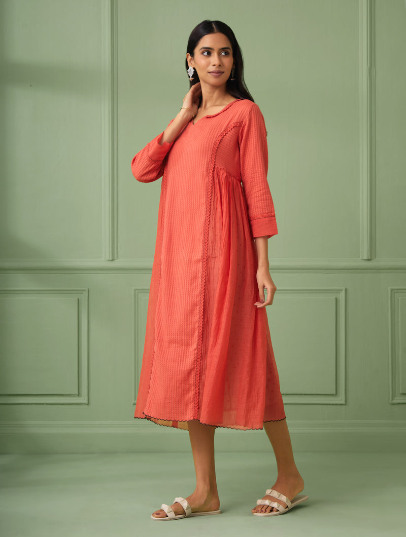 Coral luxury wedding guest dresses for a rich look. Perfect flare dress for bridesmaid and all wedding occasions. This Soft dress comes with a hand block printed slip. Shop or gift the most luxurious and comfortable dress for all occasions.  