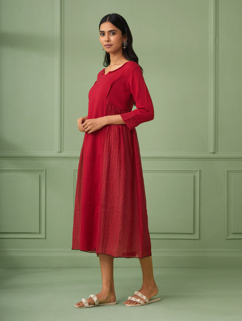 Red luxury wedding guest dresses for a rich look. Perfect flare dress for bridesmaid and all wedding occasions. This Red dress comes with a hand block printed slip. Shop now the most luxurious and comfortable dress for all occasions.  