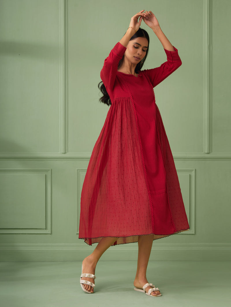 Red luxury wedding guest dresses for a rich look. Perfect flare dress for bridesmaid and all wedding occasions. This Red dress comes with a hand block printed slip. Shop or gift the most luxurious and comfortable dress for all occasions.  