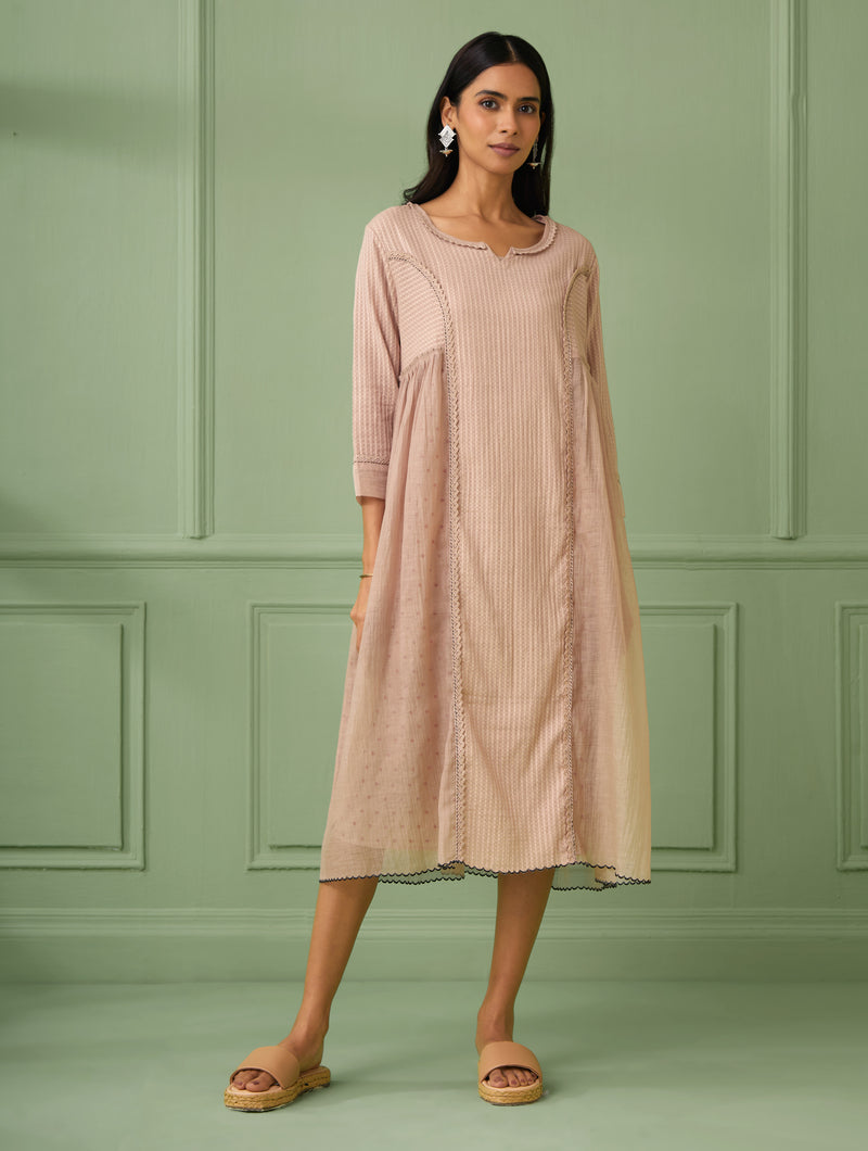 Soft cotton luxury wedding guest dresses for a rich look. Perfect flare dress for bridesmaid and all wedding occasions. This rose colour dress comes with a hand block printed slip. Shop or gift the most luxurious and comfortable dress for all occasions.  