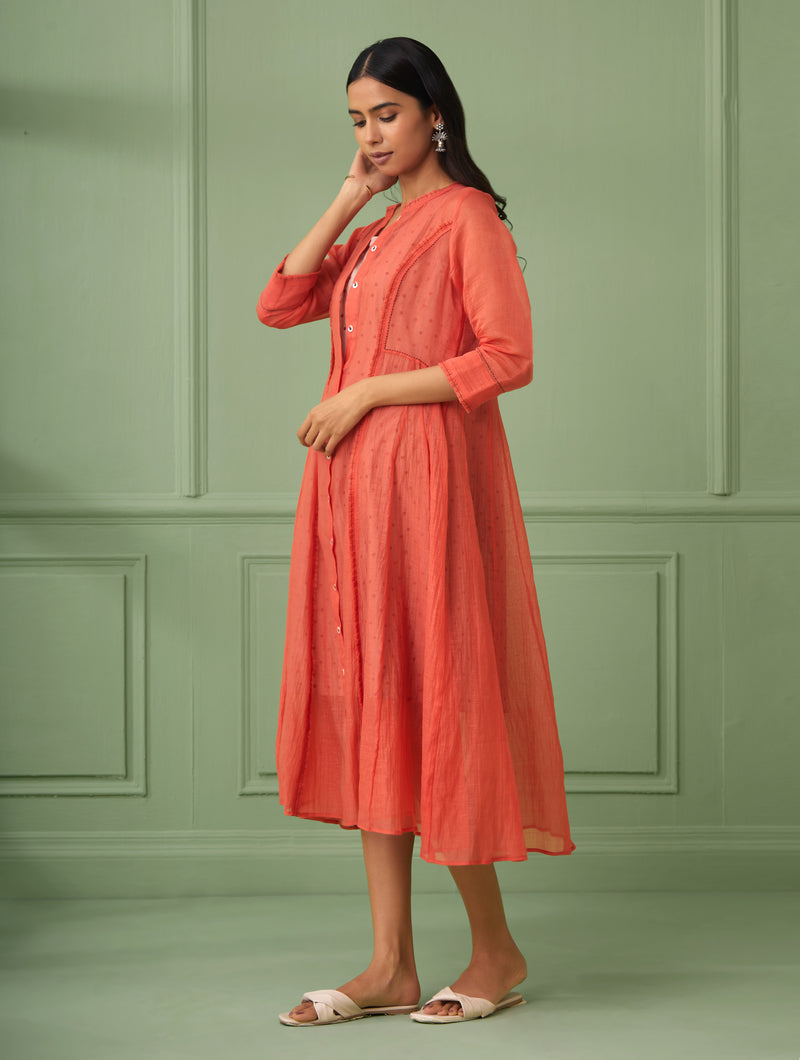 Elegant calf length jacket dress from parties and housewarmings. Indian traditional dress perfect to gift for loved one. Comes with a hand block printed slip dress with polka dots. Beautiful hand stitches and ruffles to add up to the elegance.  