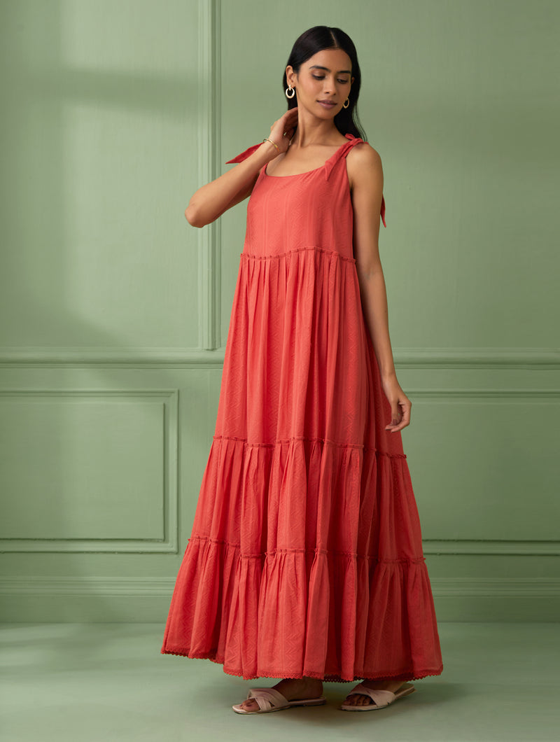 Coral Breezy Tiered Maxi Dress