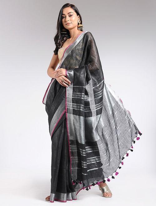 Black linen saree with pink silver border